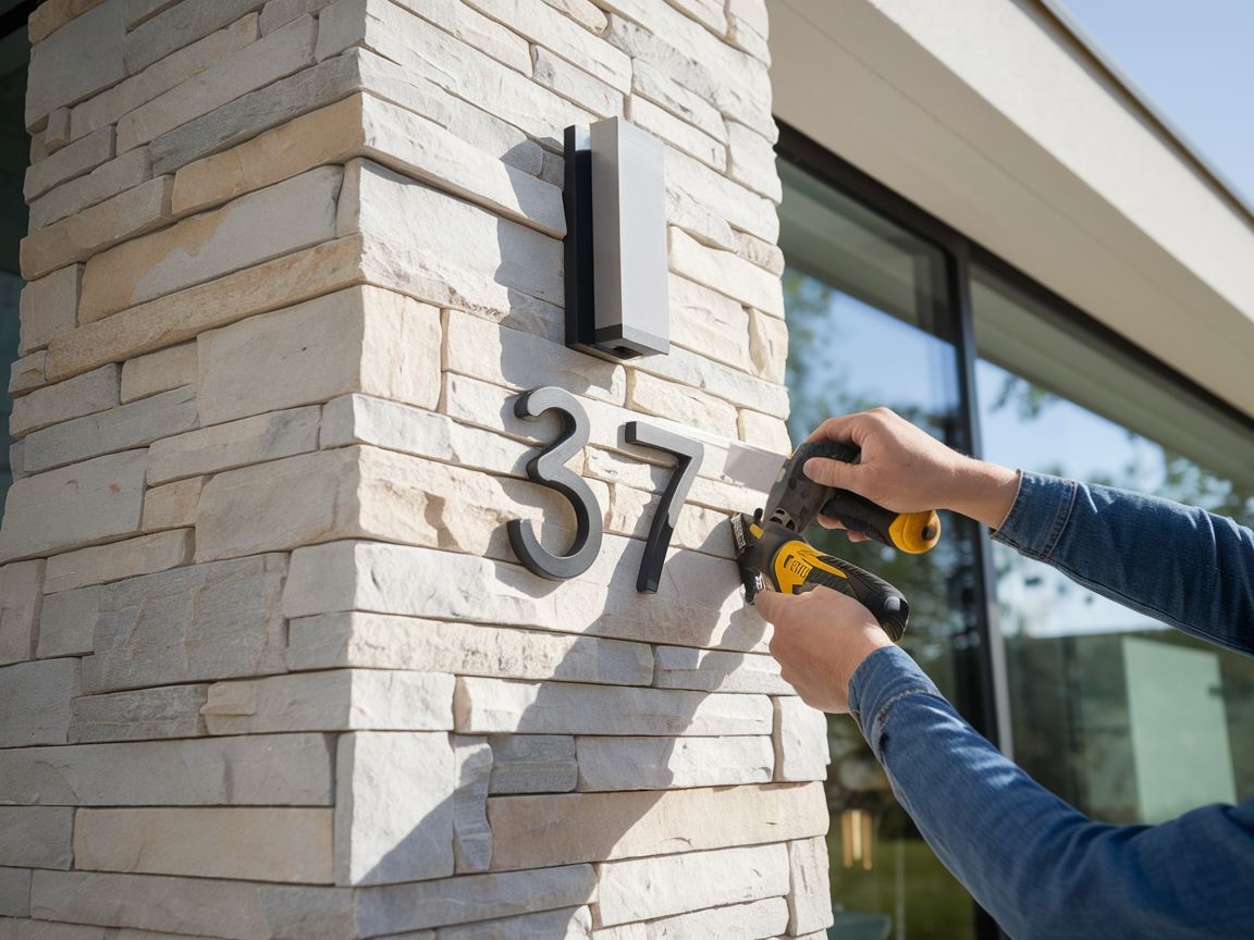 Montaż tabliczki z numerem na ścianie domu