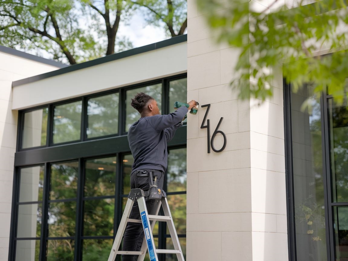 Osoba przykręcająca numer domu do ściany